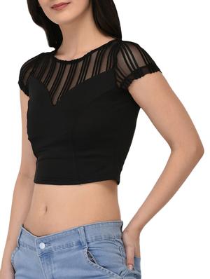 striped mesh detail cap sleeved top - 15324090 - Standard Image - 2