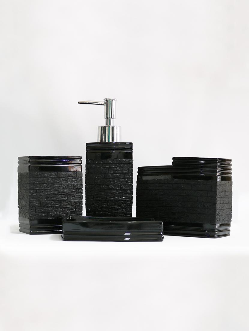 Black Polyresin Bath Set collection of liquid Soap Dispenser, Toothbrush Holder, Tumbler and Soap Dish - 15327395 - Zoom Image - 2