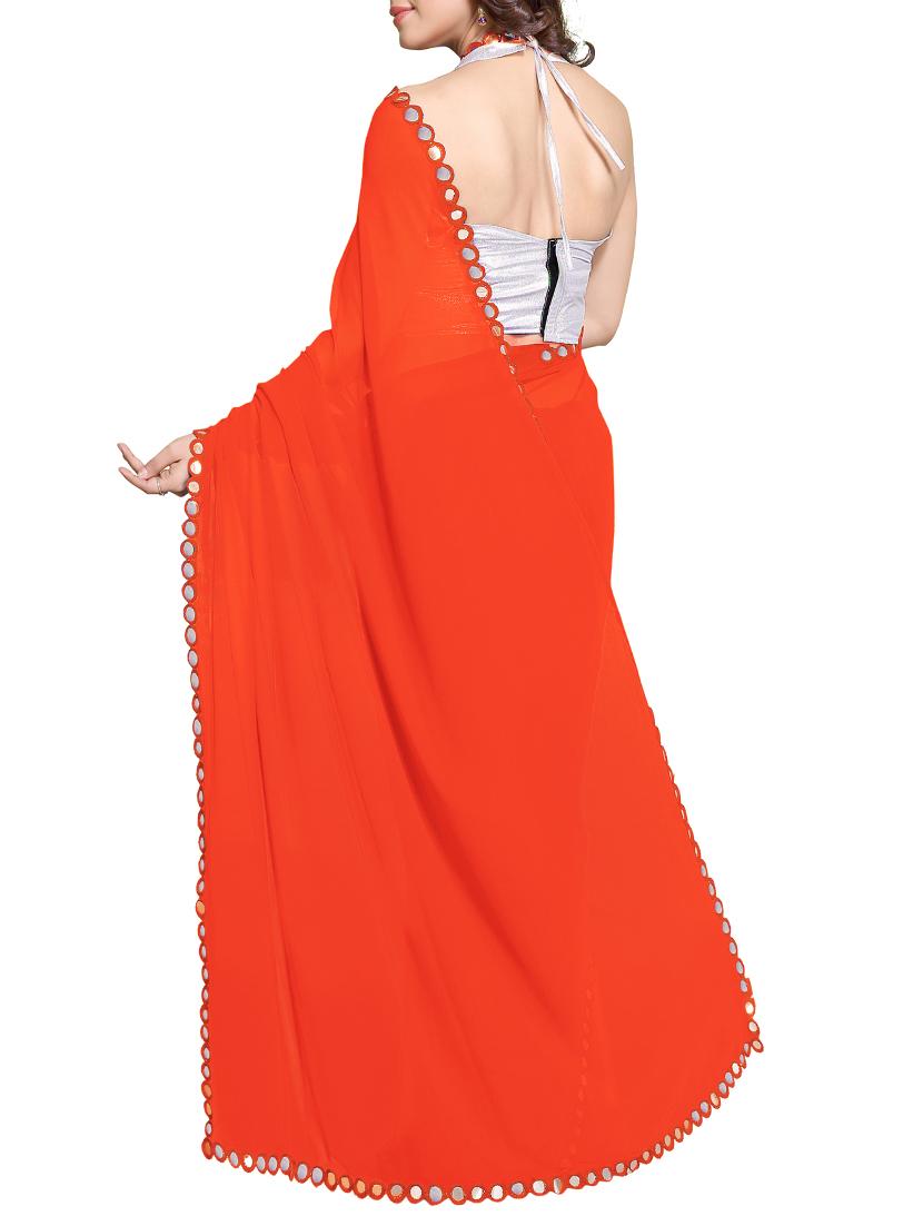 mirror lace border orange saree with blouse - 15335447 - Zoom Image - 2