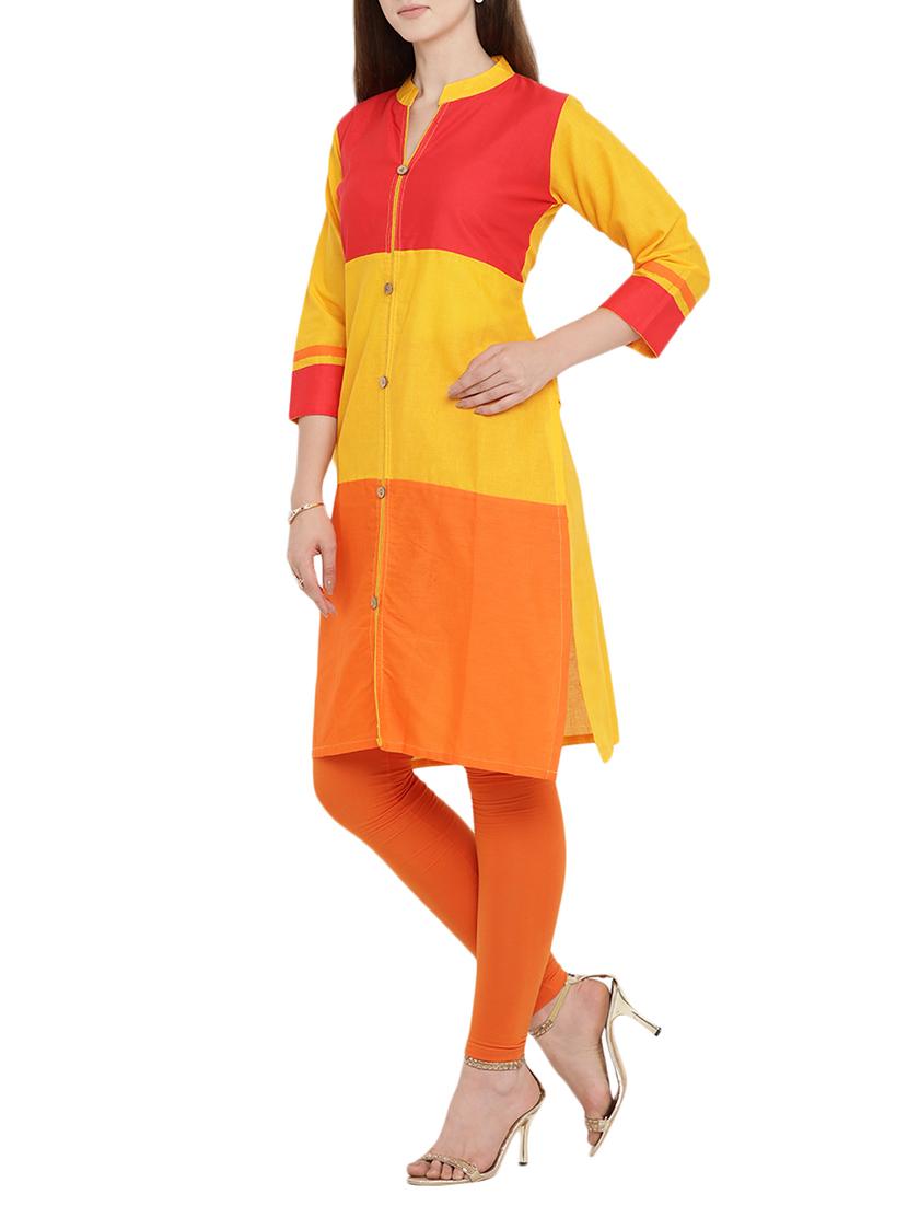 yellow cotton straight kurta - 15342500 - Zoom Image - 2