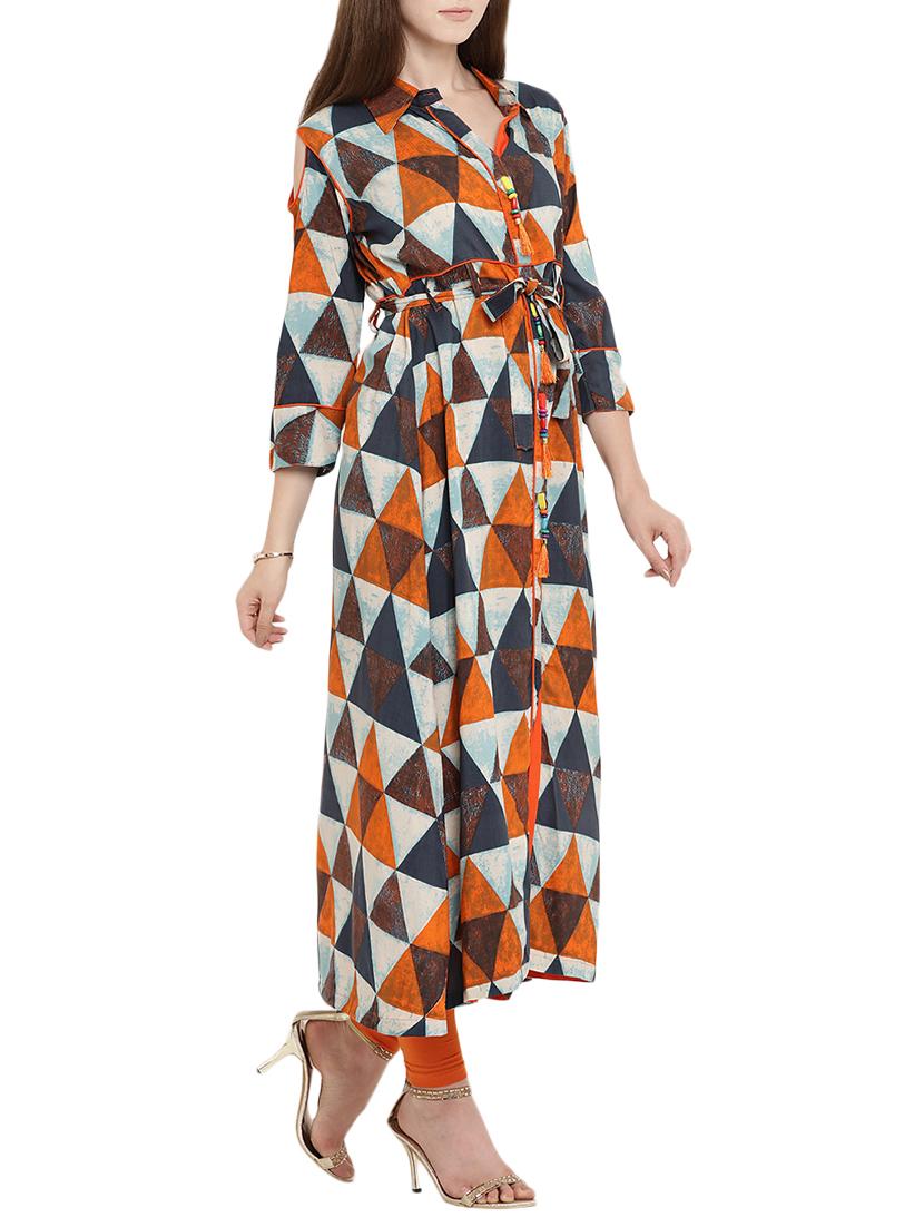 orange cotton flared kurta - 15342502 - Zoom Image - 2
