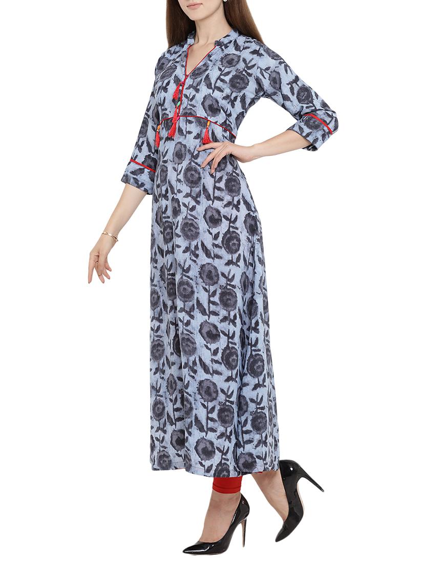grey rayon flared kurta - 15342516 - Zoom Image - 2