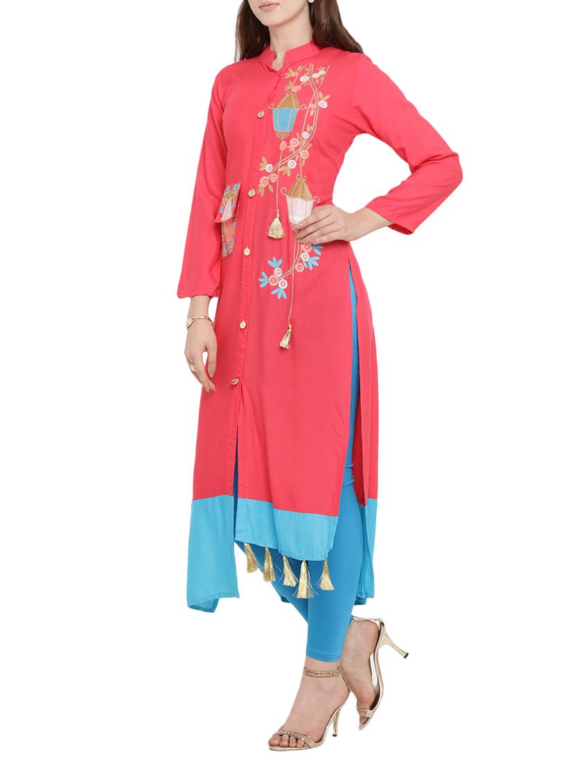 pink viscose straight kurta - 15342539 - Zoom Image - 2