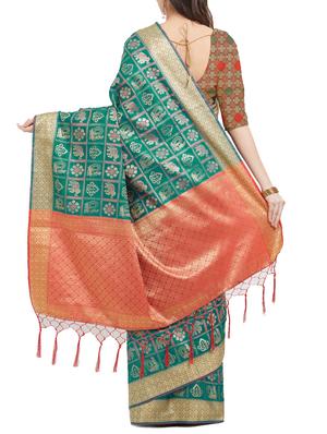 turquoise pochampalli saree with blouse - 15342722 - Standard Image - 2