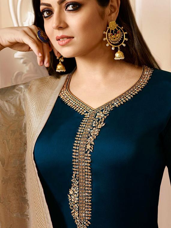 Embroidered silk semi-stitched churidaar suit - 15343734 - Zoom Image - 2