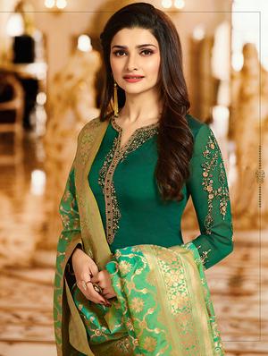Embroidered silk semi-stitched churidaar suit - 15343740 - Standard Image - 2