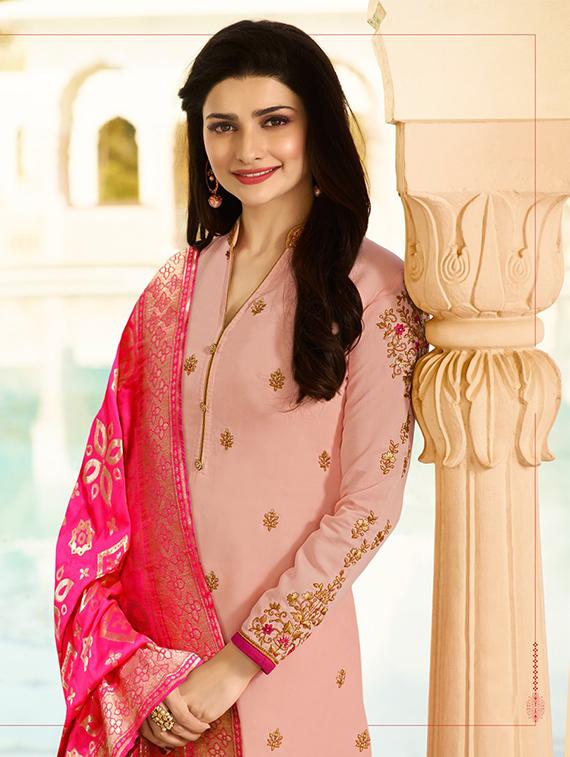 Embroidered silk semi-stitched churidaar suit - 15343741 - Zoom Image - 2