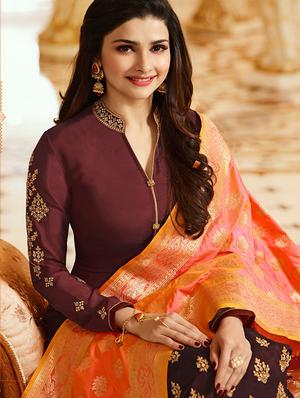 Embroidered silk semi-stitched churidaar suit - 15343743 - Standard Image - 2