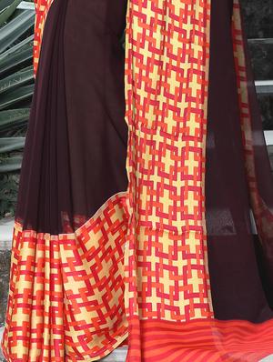 geometrical border brown saree with blouse - 15344226 - Standard Image - 2