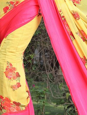 floral printed yellow saree with blouse - 15344236 - Standard Image - 2