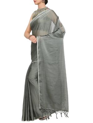 plain grey saree with tassels with blouse - 15344450 - Standard Image - 2