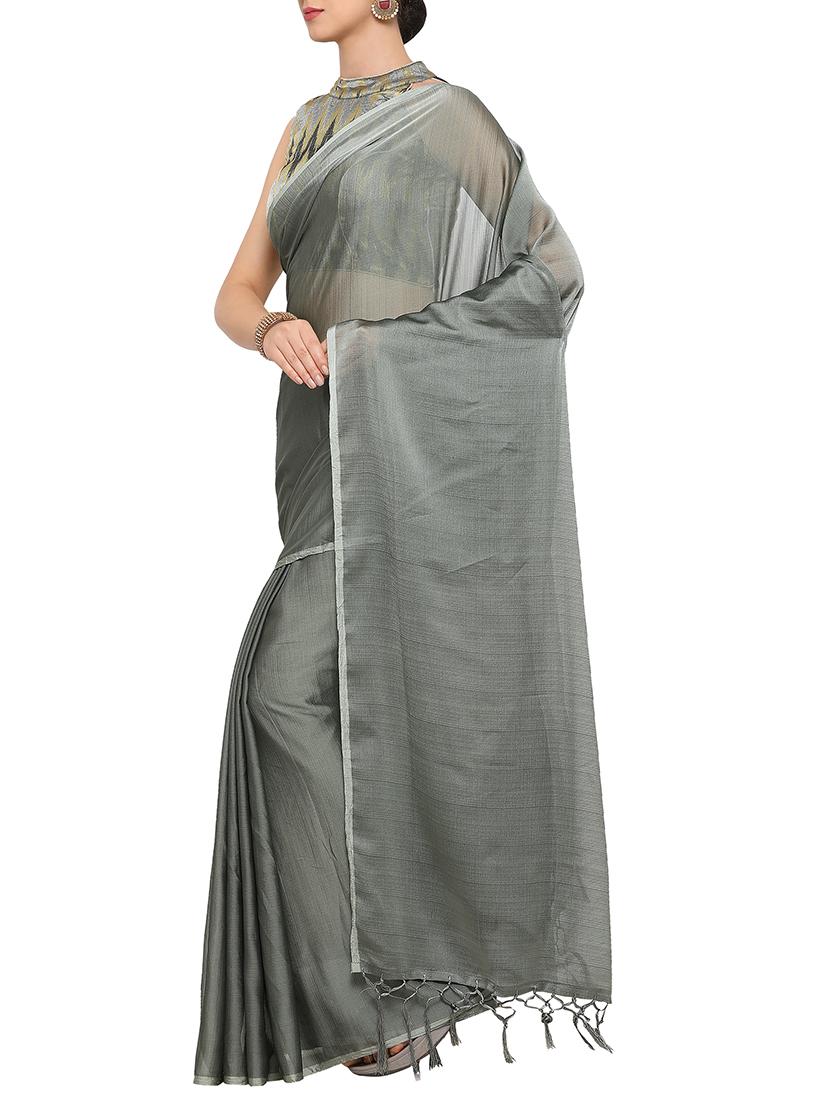 plain grey saree with tassels with blouse - 15344450 - Zoom Image - 2