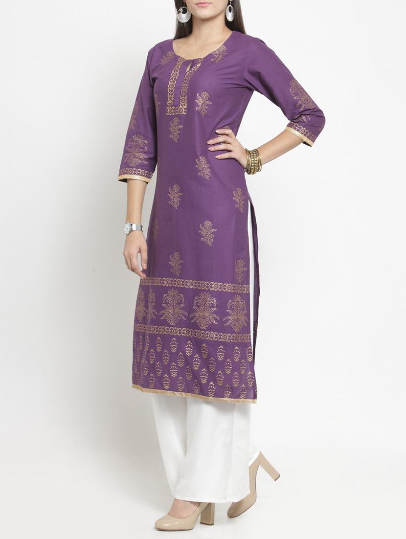 purple cotton straight kurta - 15344544 - Zoom Image - 2