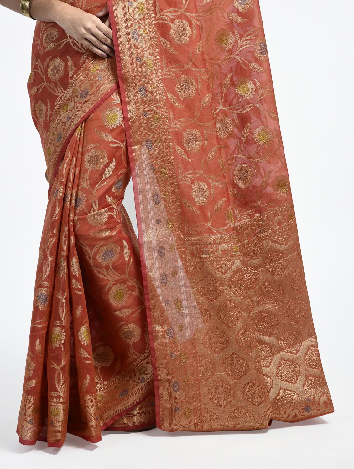 Floral Motif Banarasi Saree with blouse - 15345700 - Zoom Image - 2
