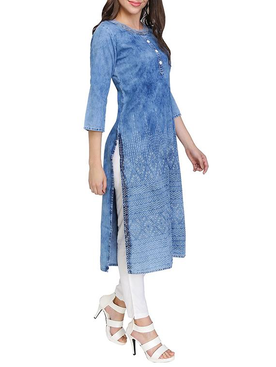 blue denim straight kurta - 15345724 - Zoom Image - 2