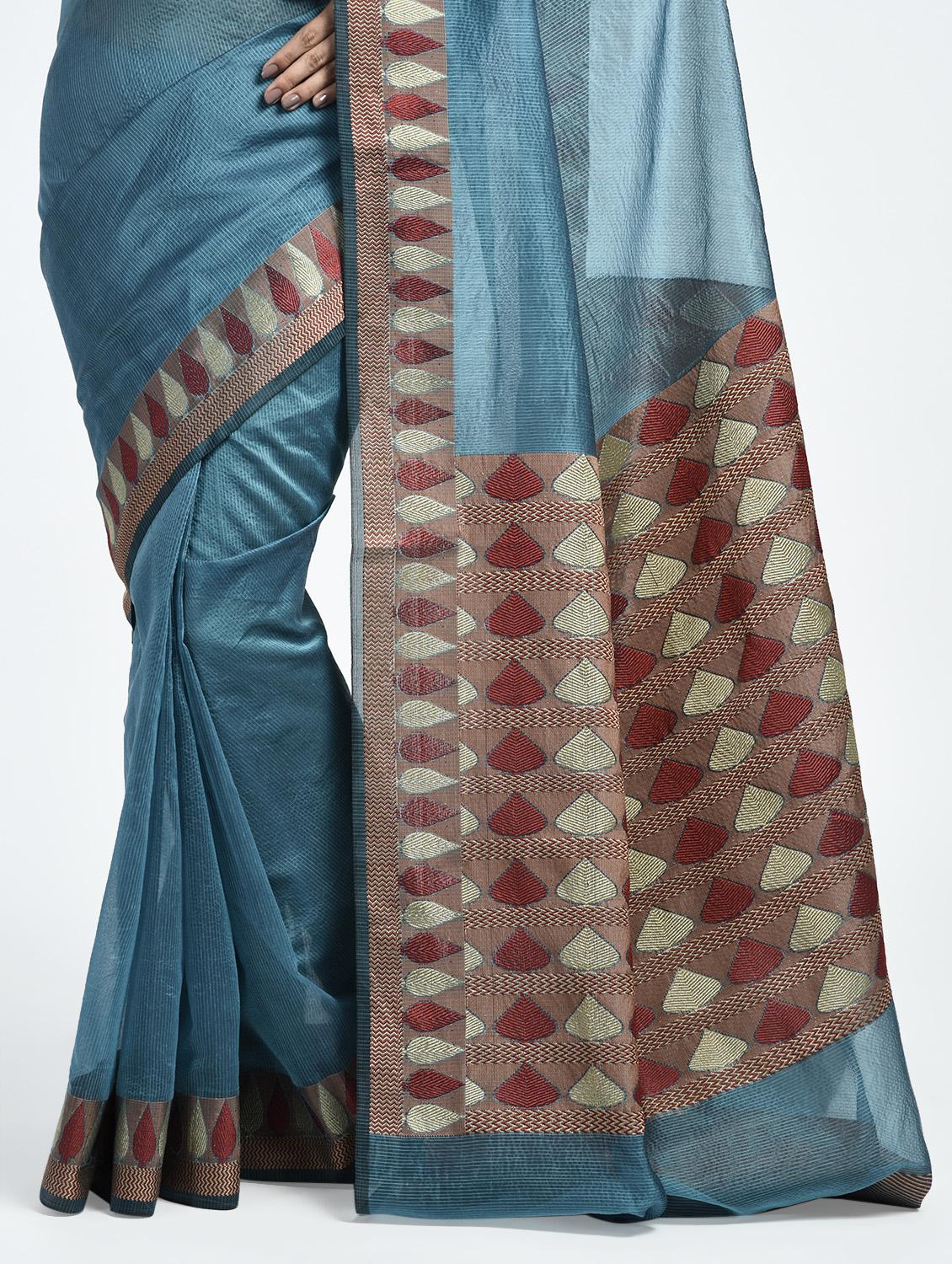 contrast zari border handloom saree with blouse - 15345775 - Zoom Image - 2