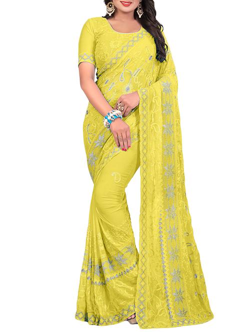 thread embroidered yellow saree with blouse - 15346553 - Standard Image - 1