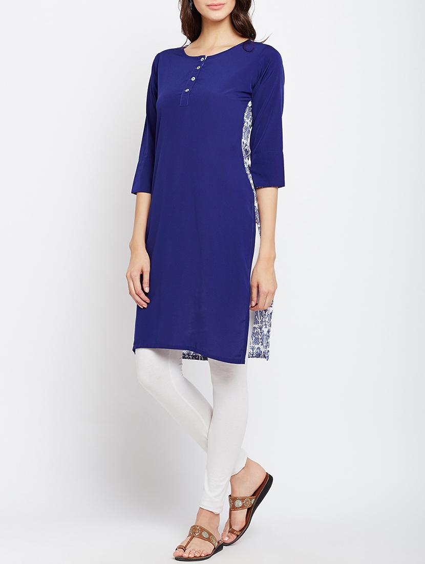 blue cotton straight kurta - 15349452 - Zoom Image - 2