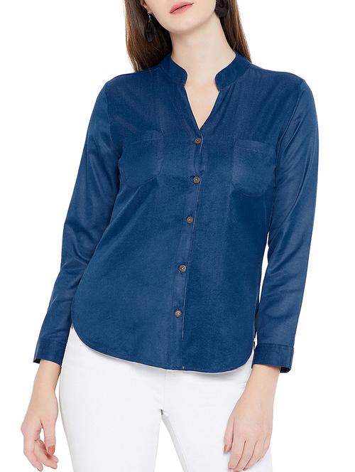 mandarin collar denim shirt - 15351466 - Standard Image - 1