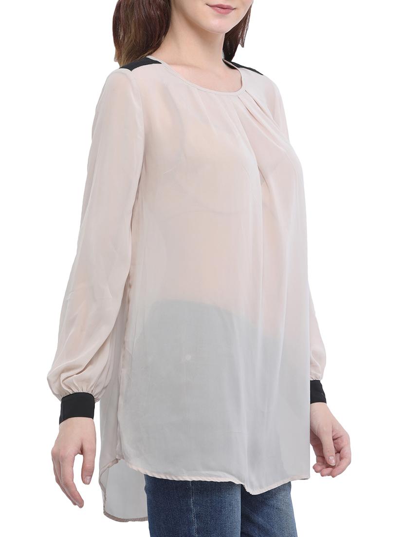 contrasting yoke and cuff sheer top - 15360803 - Zoom Image - 2