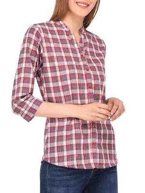 mandarin collar checkered shirt - 15363894 - Standard Image - 2