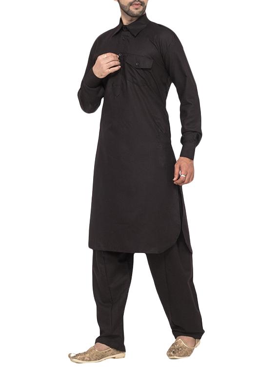 black cotton pathani ethnic wear set - 15367189 - Zoom Image - 2