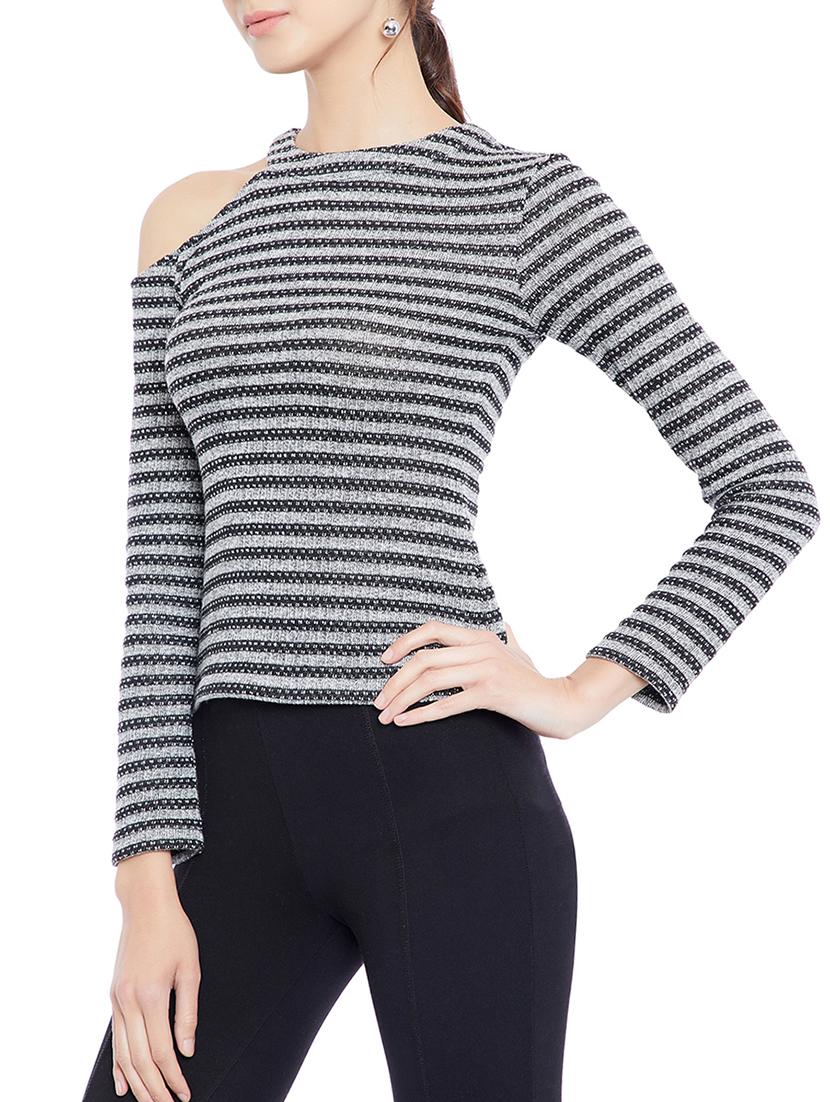 single cold shoulder striped top - 15367888 - Zoom Image - 2