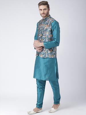 blue silk blend nehru jacket - 15384263 - Standard Image - 2
