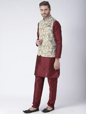 maroon dupion kurta pyjama set with nehru jacket - 15384267 - Standard Image - 2