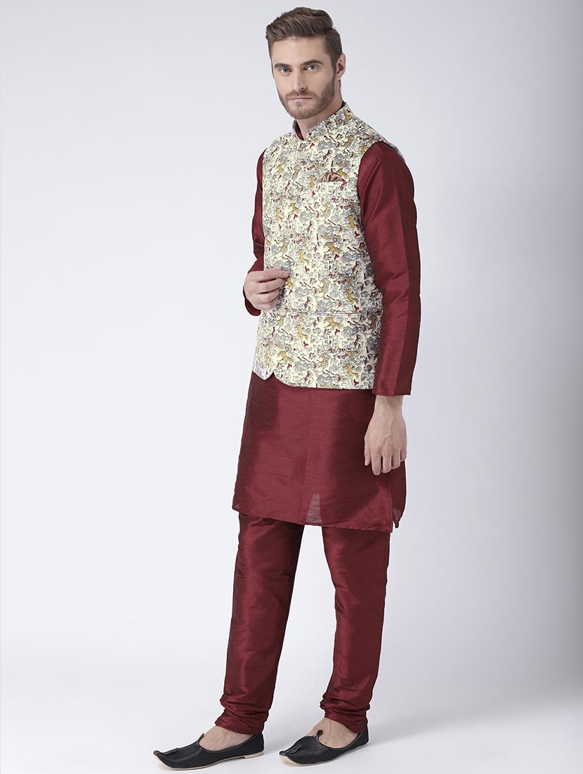 maroon dupion kurta pyjama set with nehru jacket - 15384267 - Zoom Image - 2