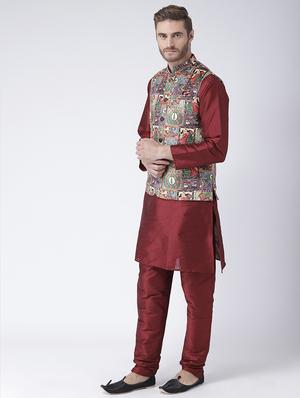 maroon dupion kurta pyjama set with nehru jacket - 15384269 - Standard Image - 2