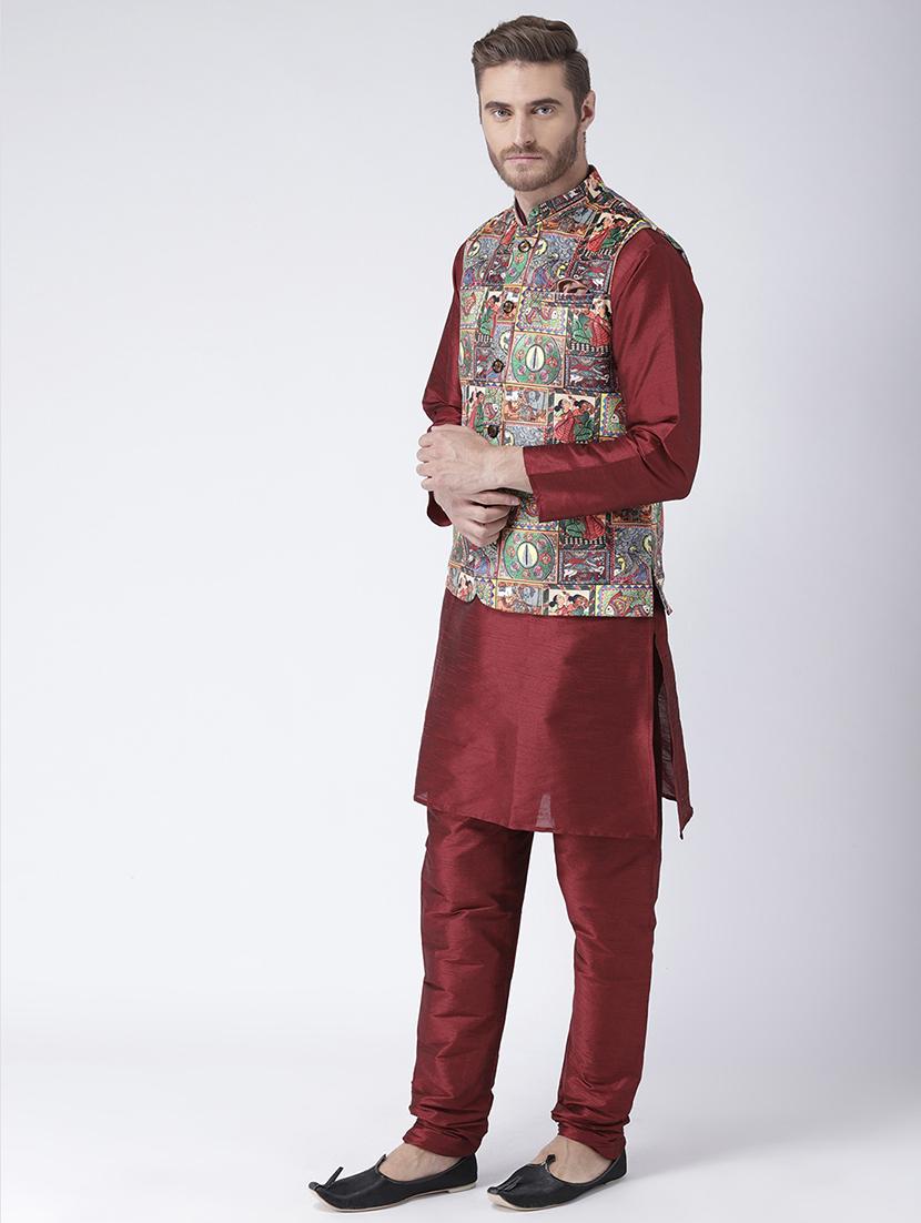 maroon dupion kurta pyjama set with nehru jacket - 15384269 - Zoom Image - 2