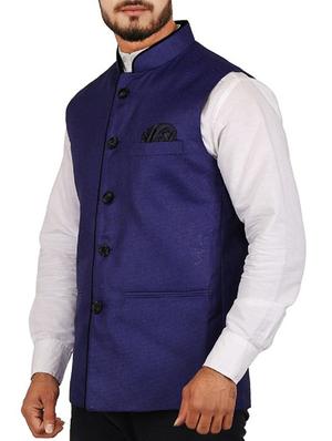 blue cotton blend nehru jacket - 15385843 - Standard Image - 2