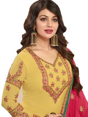 Embroidered semi-stitched churidaar suit - 15388352 - Standard Image - 2