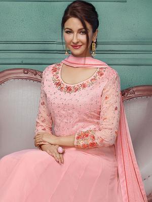 Embroidered semi-stitched anarkali suit - 15388359 - Standard Image - 2