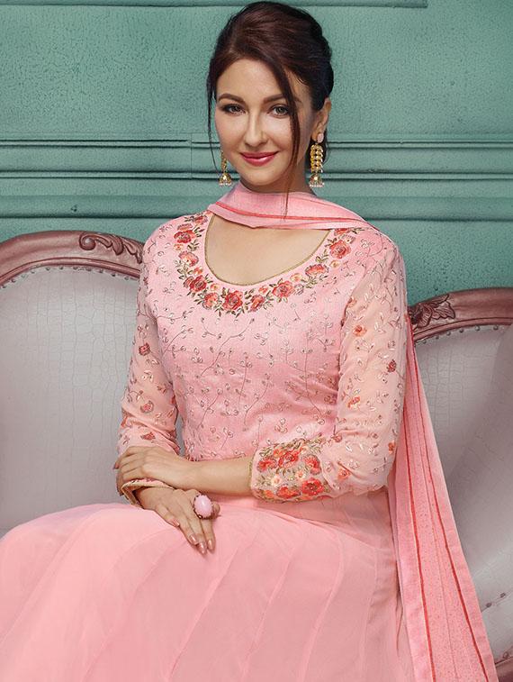 Embroidered semi-stitched anarkali suit - 15388359 - Zoom Image - 2