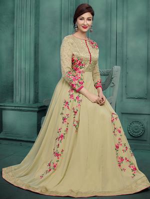 Embroidered semi-stitched anarkali suit - 15388365 - Standard Image - 2