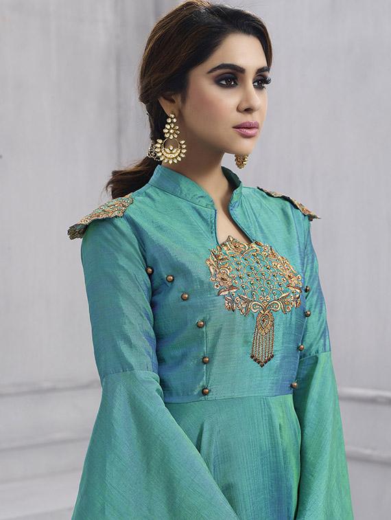 Embroidered semi-stitched flared suit - 15388371 - Zoom Image - 2