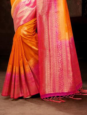 contrast bordered kanjivaram saree with blouse - 15398963 - Standard Image - 2