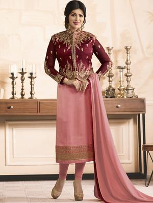 Embroidered semi-stitched churidaar suit - 15410230 - Standard Image - 2