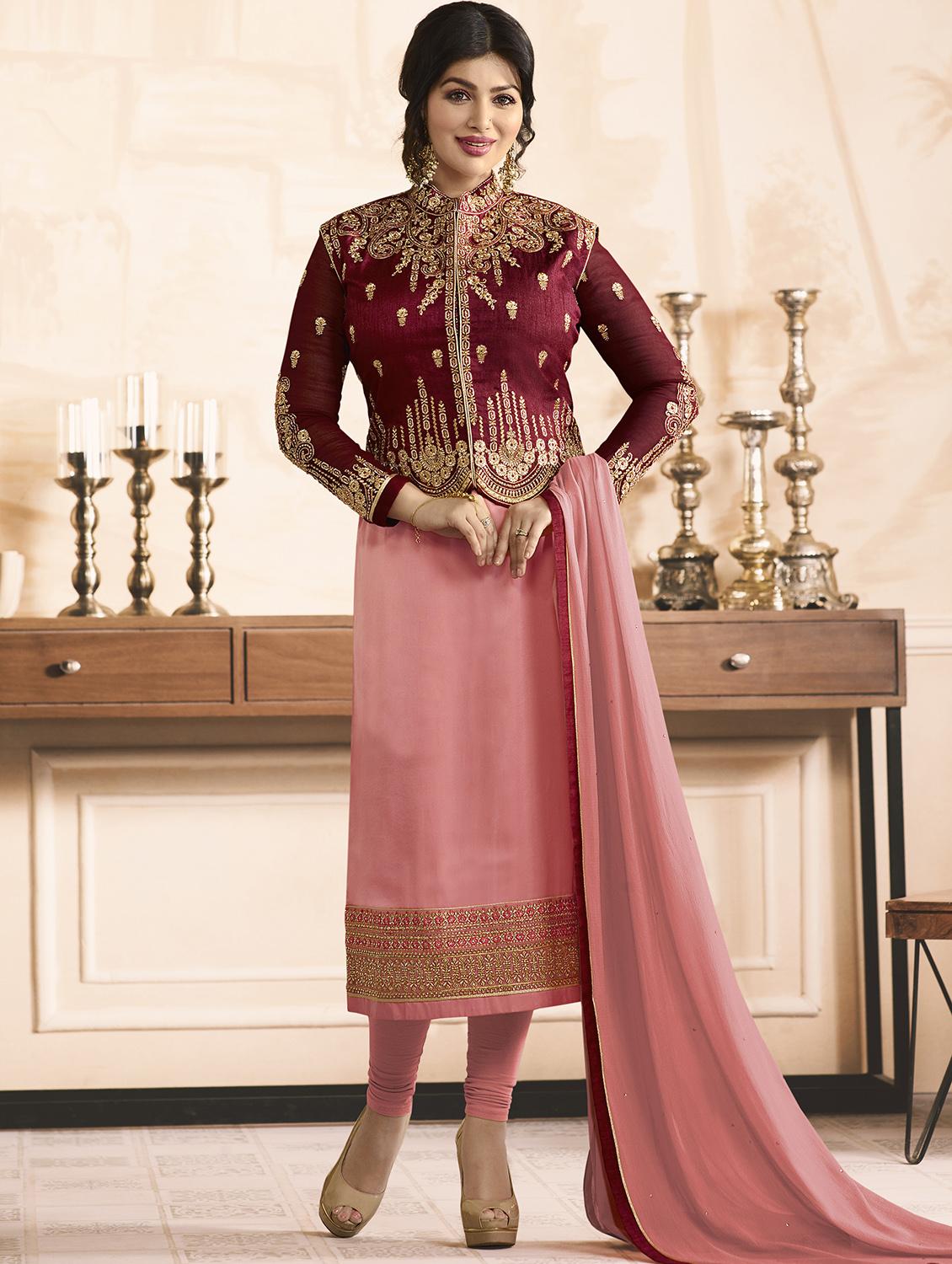 Embroidered semi-stitched churidaar suit - 15410230 - Zoom Image - 2