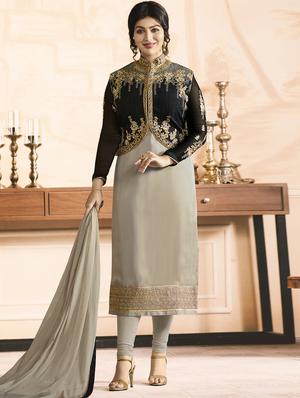 Embroidered semi-stitched churidaar suit - 15410232 - Standard Image - 2
