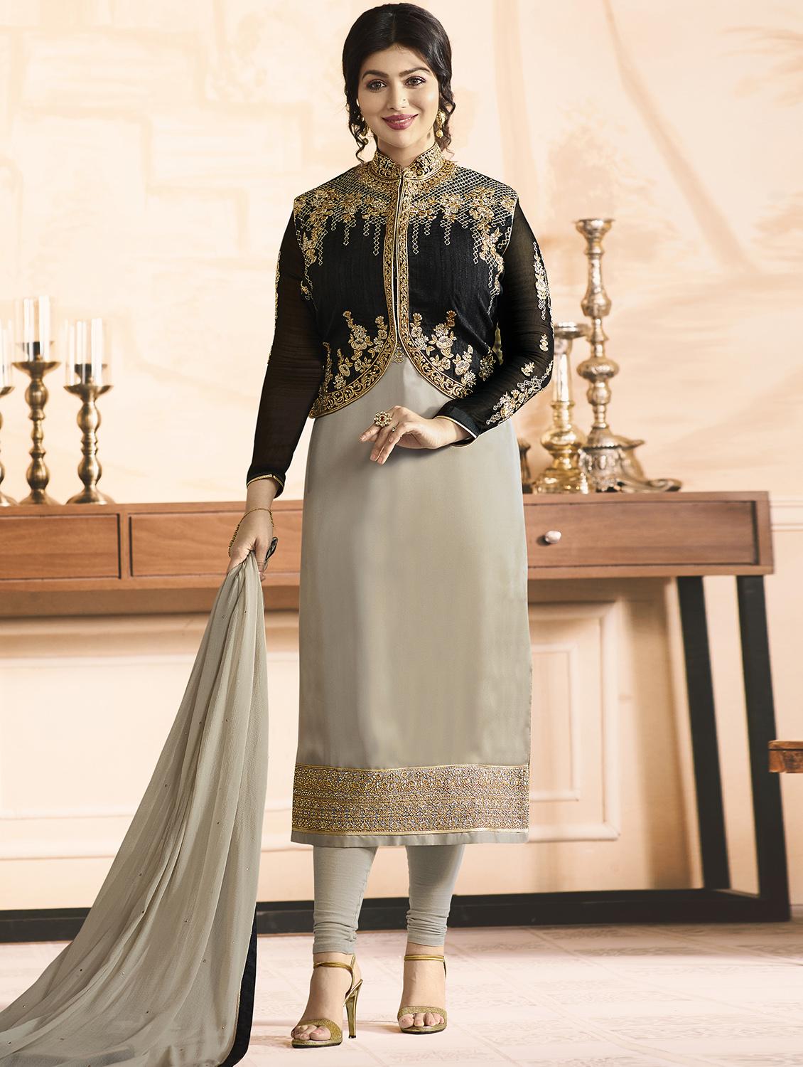 Embroidered semi-stitched churidaar suit - 15410232 - Zoom Image - 2