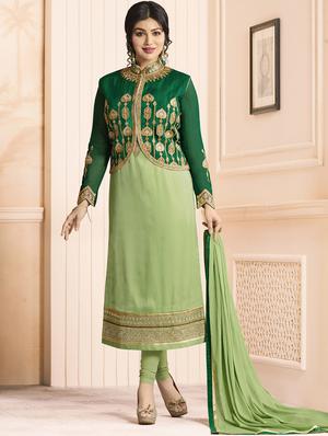 Embroidered semi-stitched churidaar suit - 15410233 - Standard Image - 2