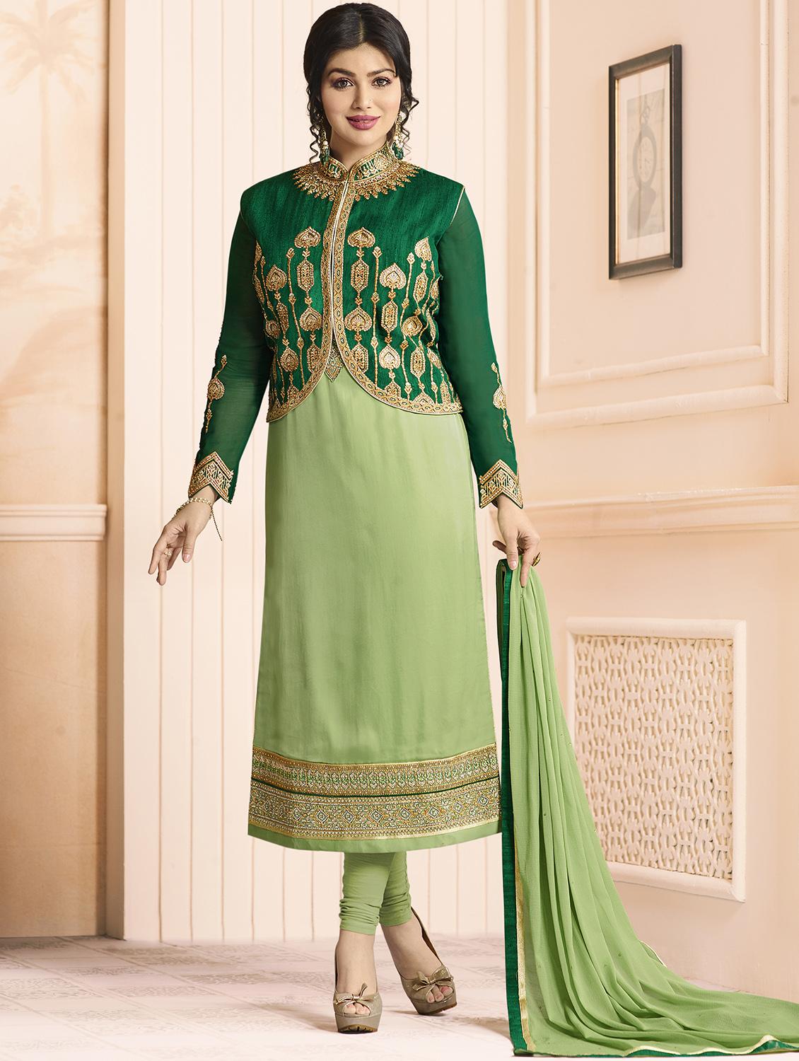 Embroidered semi-stitched churidaar suit - 15410233 - Zoom Image - 2