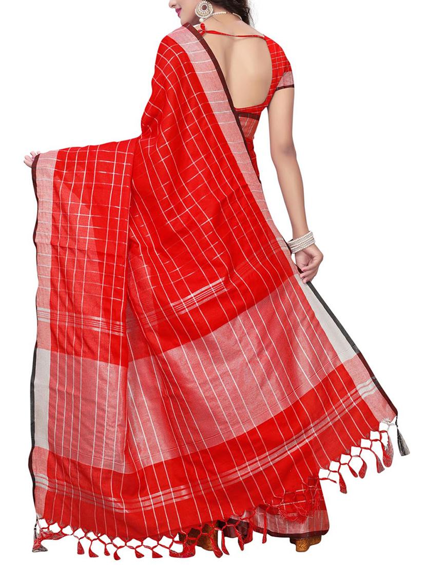 Linen Checkered woven saree with blouse - 15410858 - Zoom Image - 2