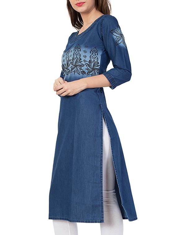 blue denim straight kurta - 15412236 - Zoom Image - 2