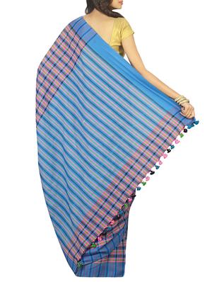 striped border checkered tant saree with tassels with blouse - 15412402 - Standard Image - 2