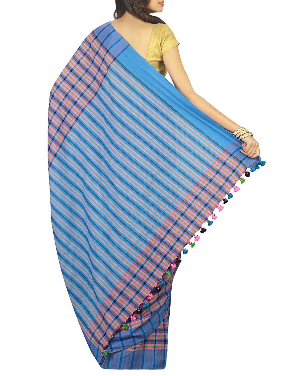 striped border checkered tant saree with tassels with blouse - 15412402 - Zoom Image - 2
