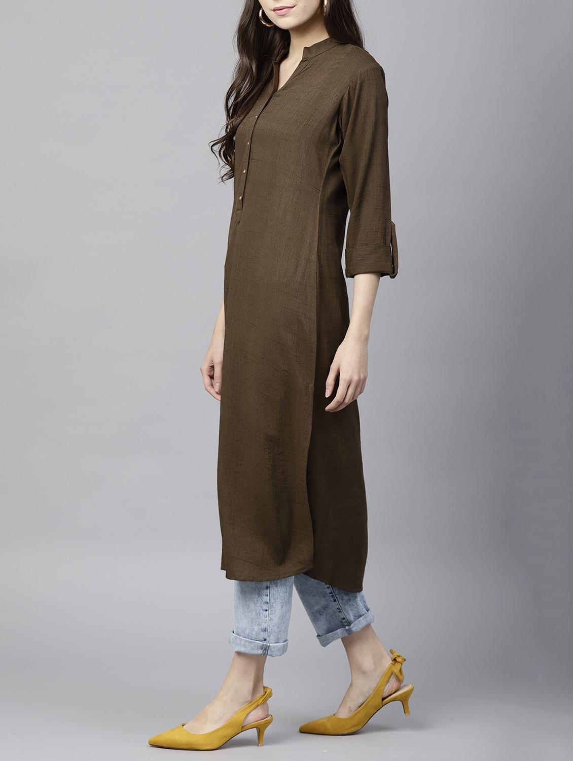 brown straight kurta - 15413457 - Zoom Image - 2